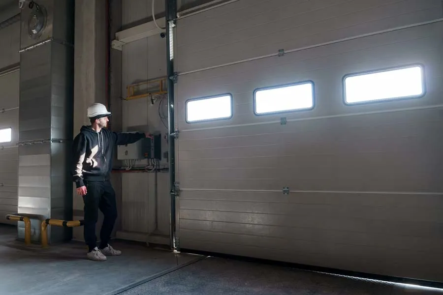 Man in hardhat operating warehouse door controls