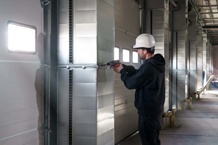 Worker installing ventilation system in factory